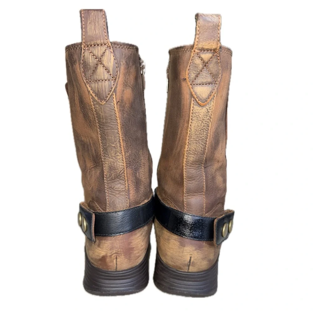 MERRELL Clay Brown Leather Boots Hand Distressed Patina Snap Buckle Boho US 8.5‎